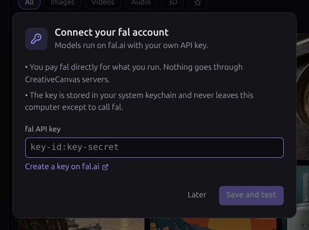 The CreativeCanvas dialog for connecting your fal account with an API key